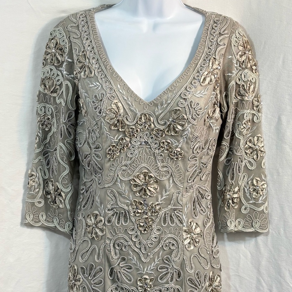 Y2K Sue Wong Floral Embroidered Mini Dress in Taupe - Picture 3 of 12